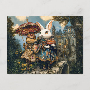 Zwei Kaninchen auf einer Burgbrücke in Fantasy-Sze Postkarte