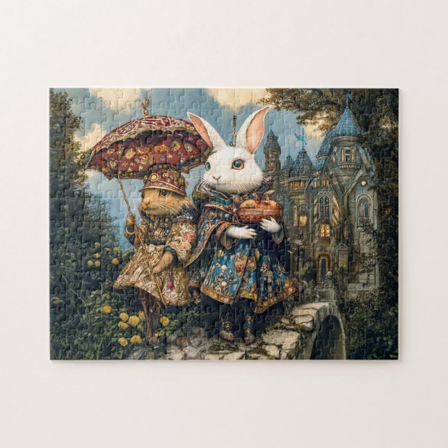 Zwei Kaninchen auf einer Burgbrücke in Fantasy-Sze Puzzle (Horizontal)