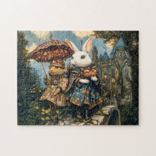Zwei Kaninchen auf einer Schlossbrücke in einer Fa Puzzle