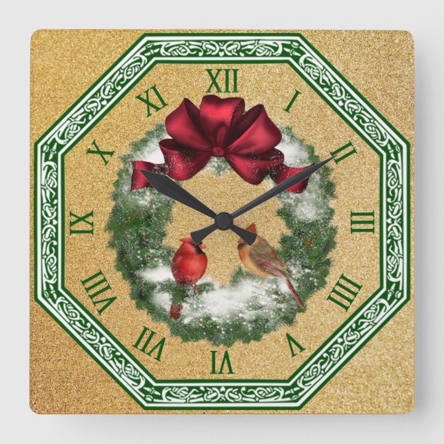 Zwei Kardinal ~ Schneeschauer Weihnachtsbrand ~ Ro Quadratische Wanduhr (Vorderseite)