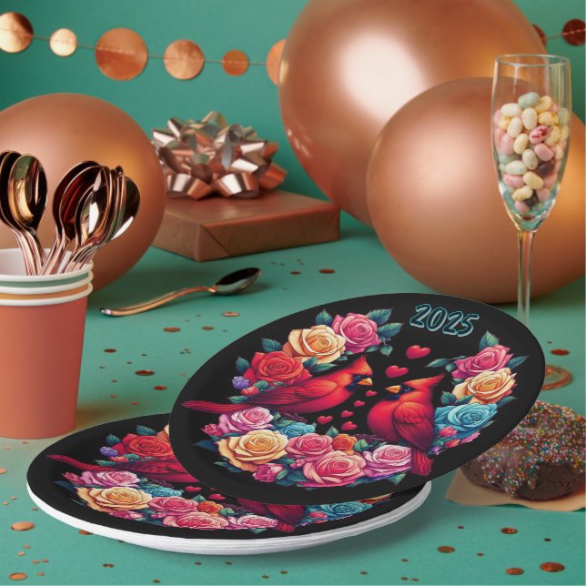 Zwei Kardinäle mit farbenfrohen Rose und Herz Pappteller (Multi)