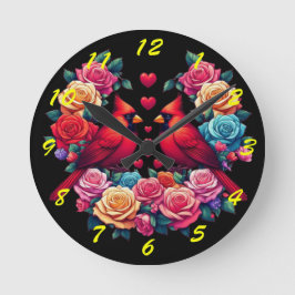 Zwei Kardinäle mit farbenfrohen Rose und Herz Runde Wanduhr