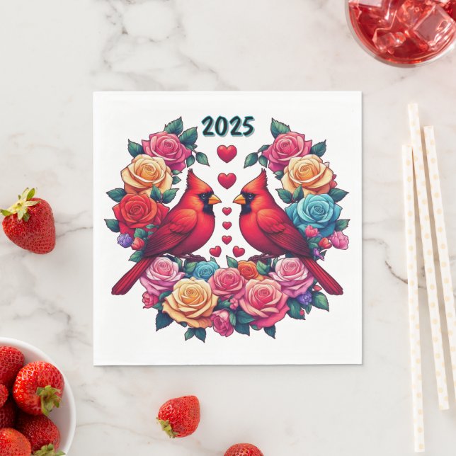 Zwei Kardinäle mit farbenfrohen Rose und Herz Serviette (Beispiel)