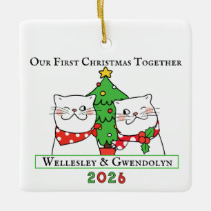 Zwei Katzen feiern ihr erstes Weihnachten zusammen Keramikornament