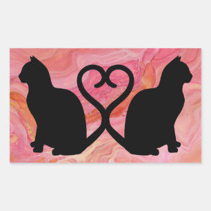 Zwei Katzen Herz Schwänze auf rosa Marmor Rechteckiger Aufkleber