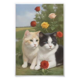 Zwei Katzen in einem farbenfrohen Rosengarten Fotodruck