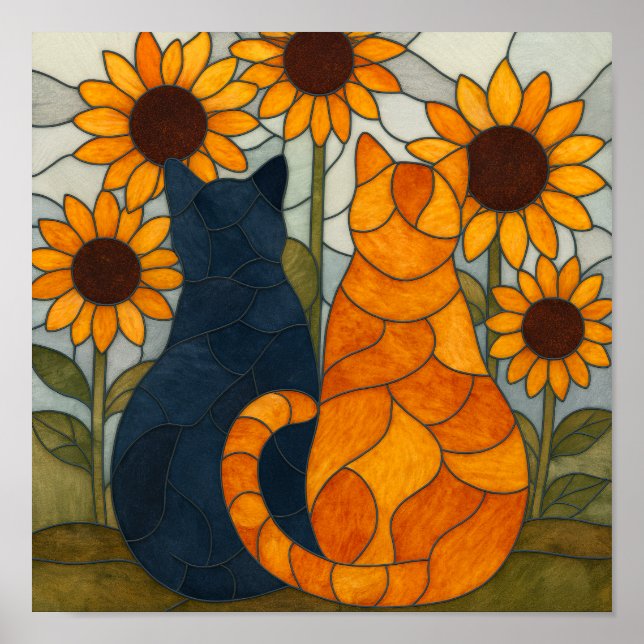 Zwei Katzen mit Sonnenblumen Buntglas-Muster Poster (Vorne)