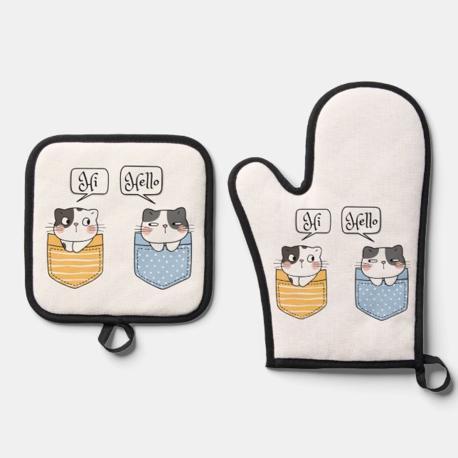 zwei Katzen Ofenhandschuh & Topflappen-Set (Vorderseite)