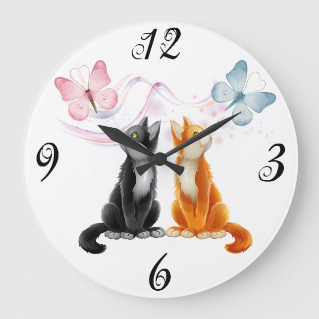 Zwei Katzen und Schmetterlinge Wall Clock Große Wanduhr (Vorderseite)
