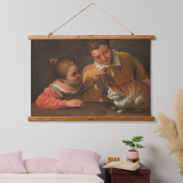 Zwei Kinder, die eine Katzen-Tapestry nachahmen Wandteppich Mit Holzrahmen