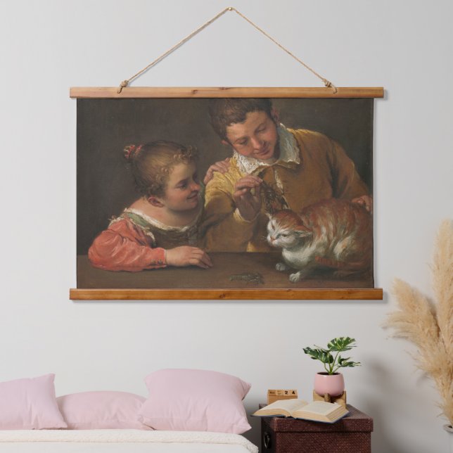 Zwei Kinder, die eine Katzen-Tapestry nachahmen Wandteppich Mit Holzrahmen (Schlafzimmer)