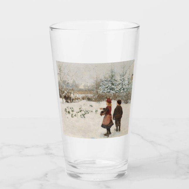 Zwei Kinder, die Vögel im Schnee Gefüttert haben Glas (Vorderseite)