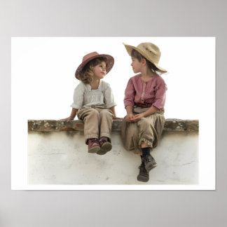 Zwei Kinder sitzen auf einer Mauer Poster