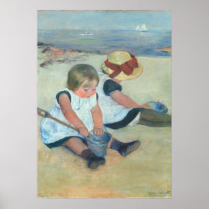 Zwei Kinder spielen am Strand mit Vintagen Ölgemäl Poster