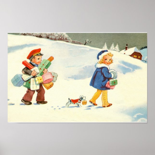 Zwei Kinder und ein Hund im Schnee Poster (Vorne)