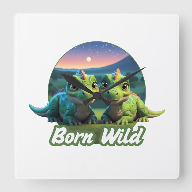 Zwei kleine Dinos - Born Wild  Quadratische Wanduhr (Vorderseite)