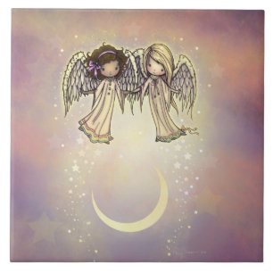 Zwei kleine Engel über eine winzige Nachtkunst Fliese