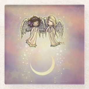 Zwei kleine Engel über eine winzige Nachtkunst Glasuntersetzer