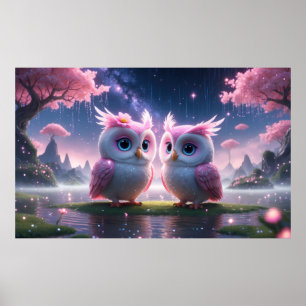 Zwei kleine Eulen in einer Traumwelt Poster