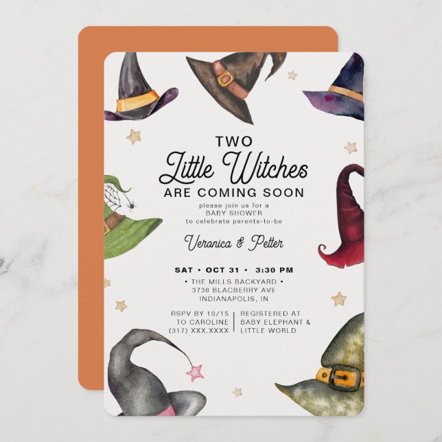 Zwei kleine Hexen Zwillingsmädchen Halloween-Kinde Einladung (Vorne/Hinten)