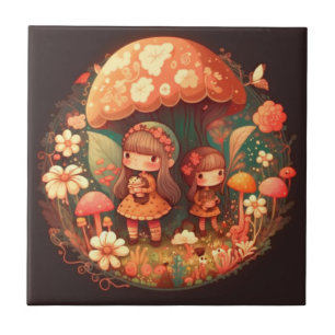 Zwei kleine Mädchen unter dem braunen Pilzdekor Fliese