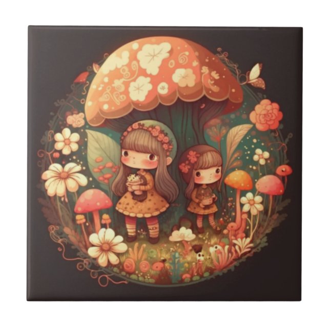 Zwei kleine Mädchen unter dem braunen Pilzdekor Fliese (Vorderseite)