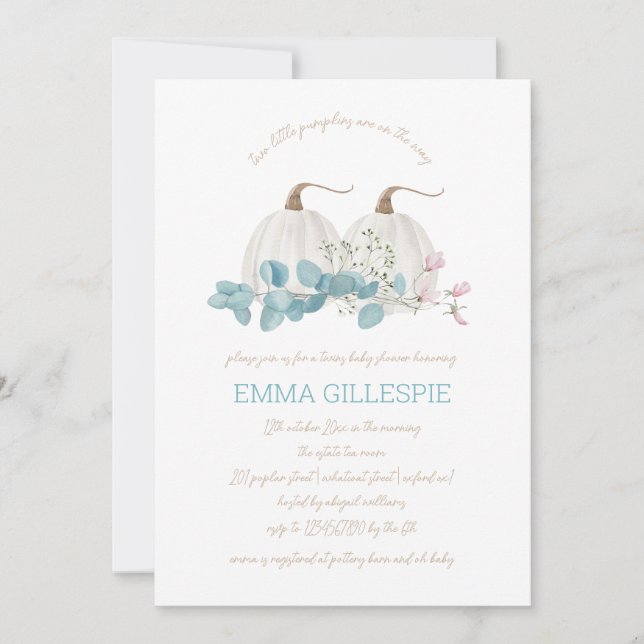 Zwei kleine Pumpkins Fall Twins Baby Dusche Einladung (Vorderseite)