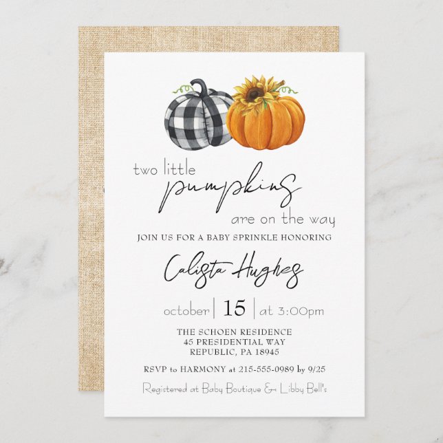 Zwei kleine Pumpkins Sonnenblume Twins Baby Sprink Einladung (Vorne/Hinten)