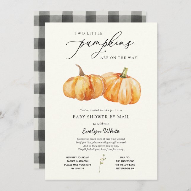 Zwei kleine Pumpkins Twin Baby Dusche per Mail Einladung (Vorne/Hinten)