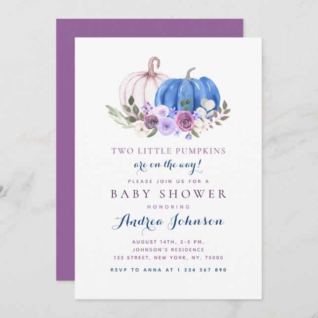 Zwei kleine Pumpkins Twin Boy Girl Fall Baby Dusch Einladung (Vorne/Hinten)