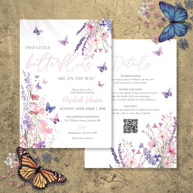 Zwei kleine Schmetterlinge Zwillings-Baby-Party Al Einladung (Two Little Butterflies Twin Baby Shower All In One Invitation)