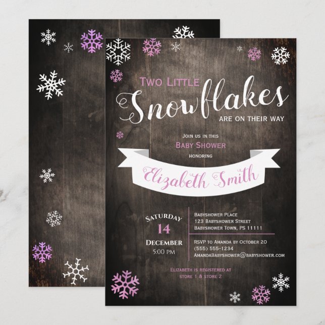 Zwei kleine Schneeflocken Babydusche Einladung (Vorne/Hinten)