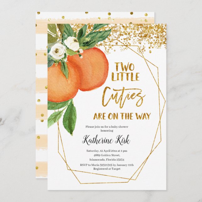 Zwei kleine Süssen sind auf dem Weg zum Baby Showe Einladung (Vorne/Hinten)