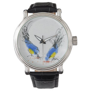 Zwei kleine titmouses, die Korn pecking sind. Armbanduhr