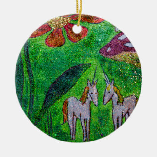 Zwei kleine Unicorns unter einer Blume Keramik Ornament