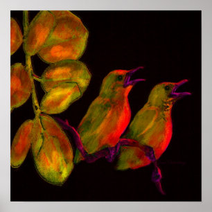 zwei kleine Vögel, orange und gelb Poster