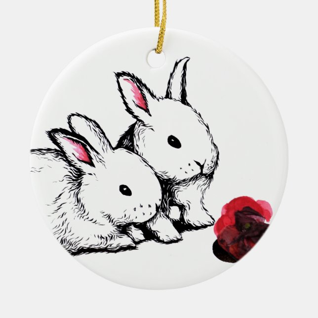 Zwei kleine weiße Kaninchen Keramik Ornament (Vorne)