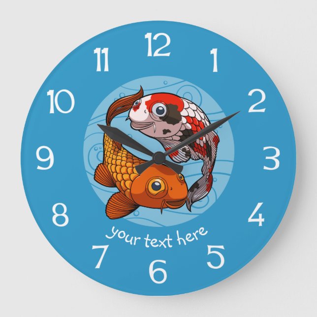 Zwei Koi Carp Fish Friends Cartoon Große Wanduhr (Vorderseite)