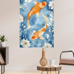 Zwei Koi-Karpfen schwimmen zwischen Blumen. Poster