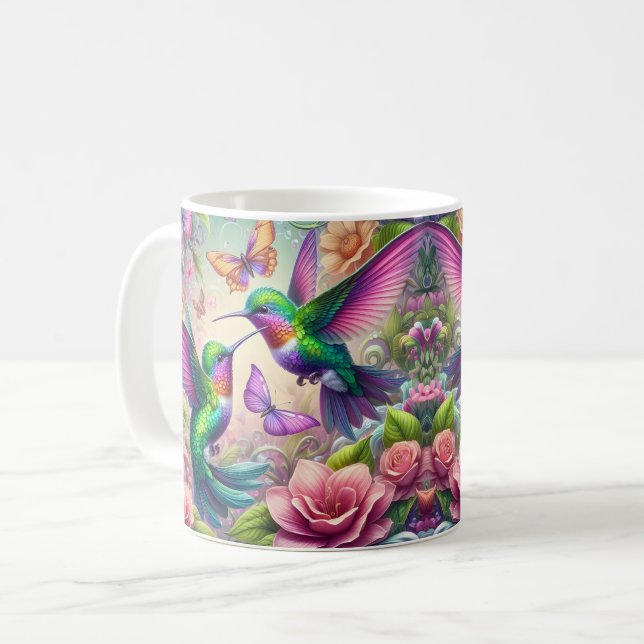 Zwei Kolibris und Blumen Kaffeetasse (Vorderseite Links)