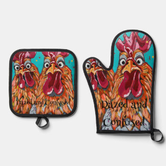 Zwei komische Rooster Ofenhandschuh & Topflappen-Set