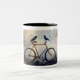 Zwei Krähen auf dem Fahrrad Zweifarbige Tasse
