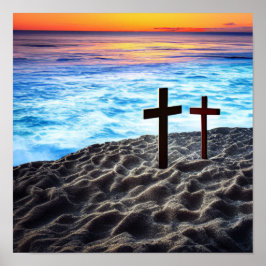 Zwei Kreuze am Meer bei Sonnenuntergang Poster