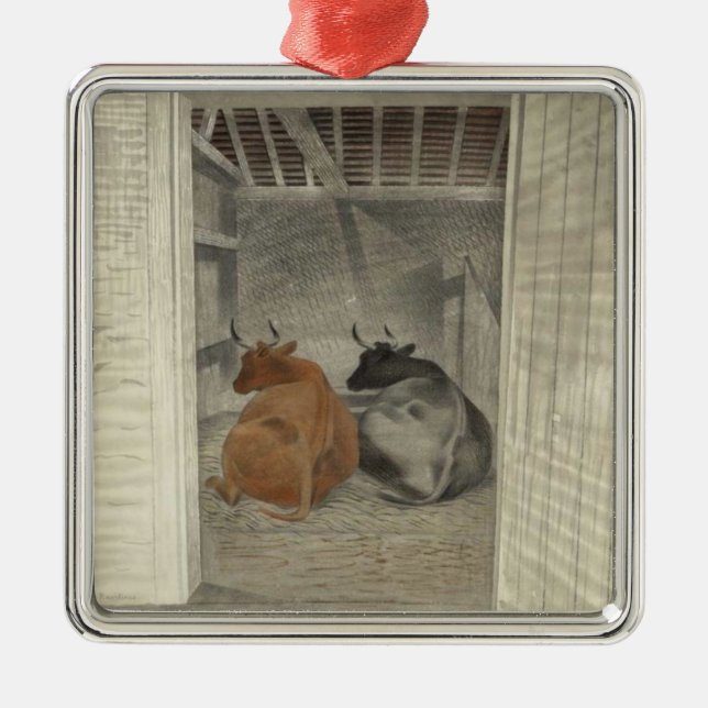 Zwei Kühe in einem Stabil (von Eric Ravilious) Ornament Aus Metall (Vorne)