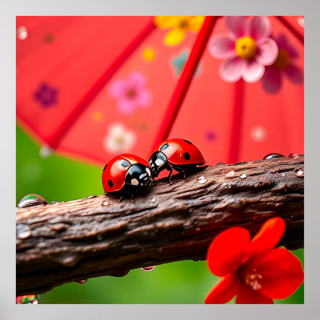 Zwei Ladybugs auf einer Twig Poster (Vorne)