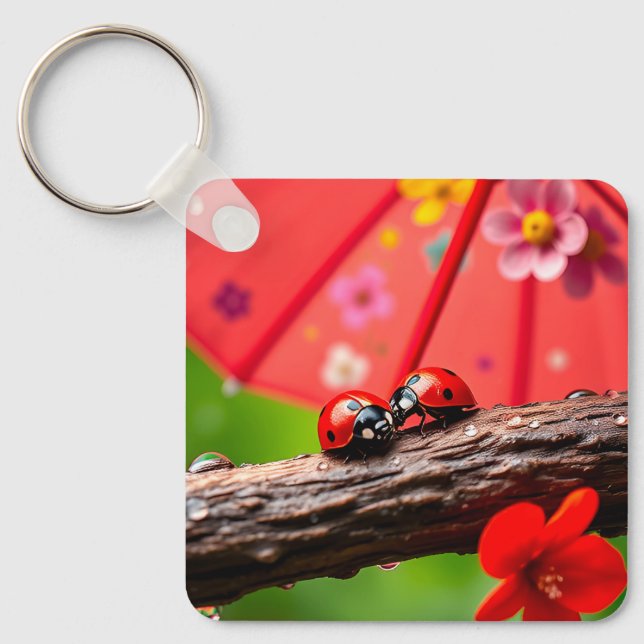 Zwei Ladybugs auf einer Twig Schlüsselanhänger (Vorderseite)