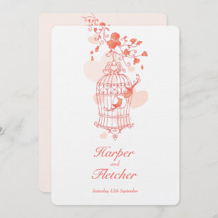 Zwei Liebesvögel öffnen Vogelkäfig Hochzeitskorall Einladung