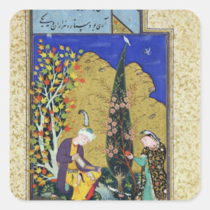 Zwei Liebhaber in einem blühenden Obstgarten Quadratischer Aufkleber