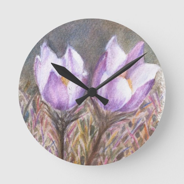 ZWEI LILA CROCUSWALL CLOCK RUNDE WANDUHR (Vorderseite)