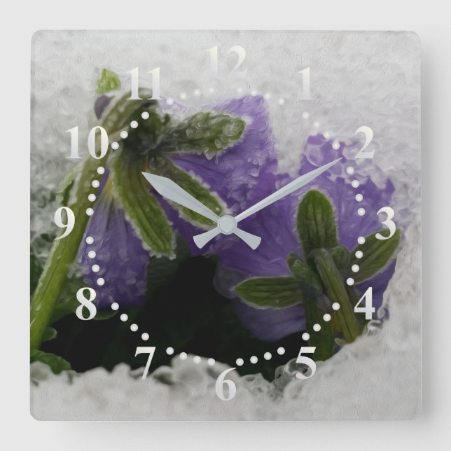 Zwei lila Stiefmütterchen Quadratische Wanduhr (Vorderseite)